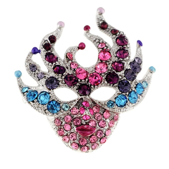 Multicolor Crystal Masquerade Ball Mask Pin Brooch - Picture 1 of 4